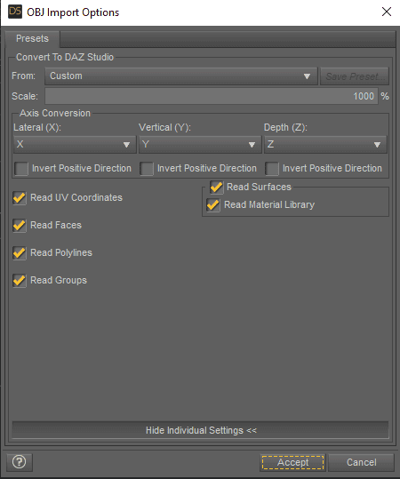 import settings obj file scale daz3d