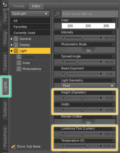 light configuration inside daz studio