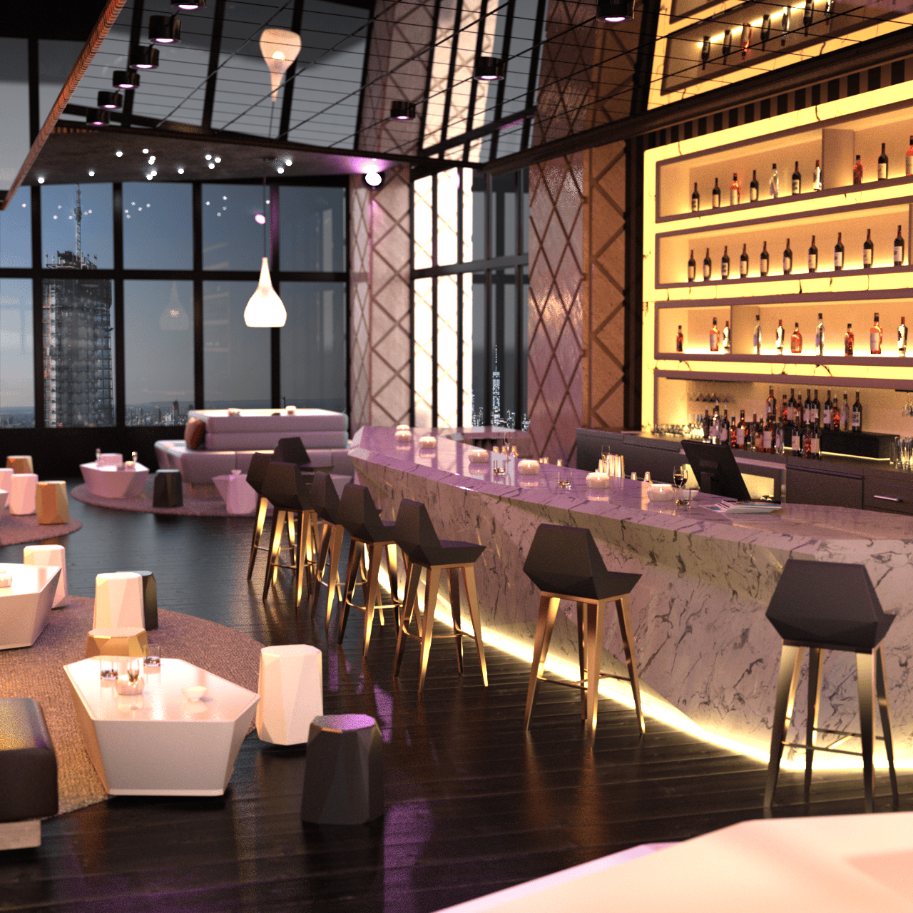 Bar interior with glass windows showing a skyscraper skyline