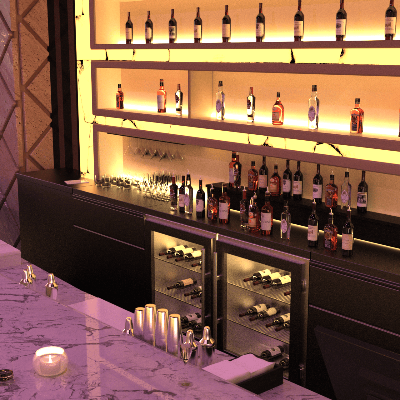 Close up behind the night bar 3d model showing all kinds of drinks and bottles