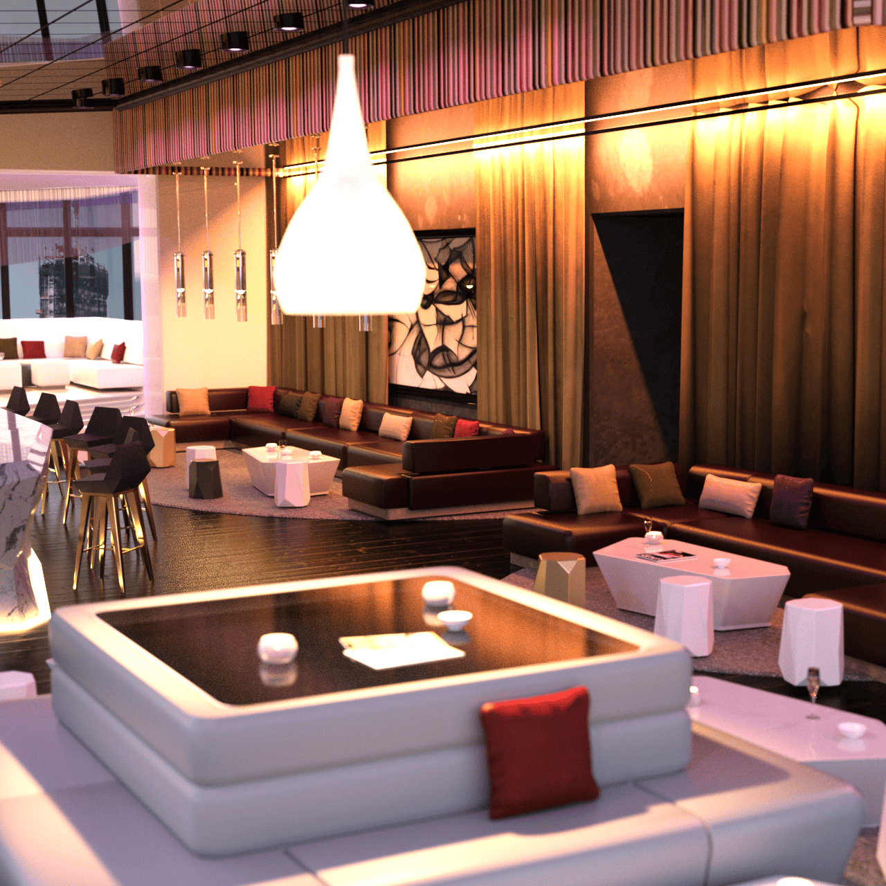 Render of the luxury seat area with lots of space and pillows inside the bar