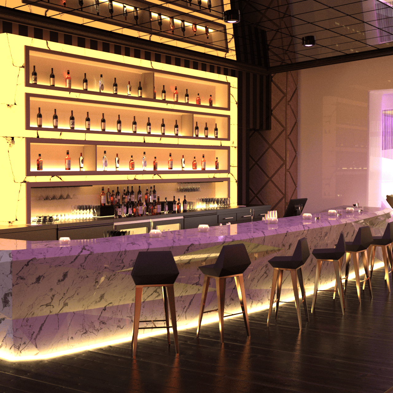 Night bar 3d model showing the the bar counter with chairs, beautiful light setup and collection of bottles in the back