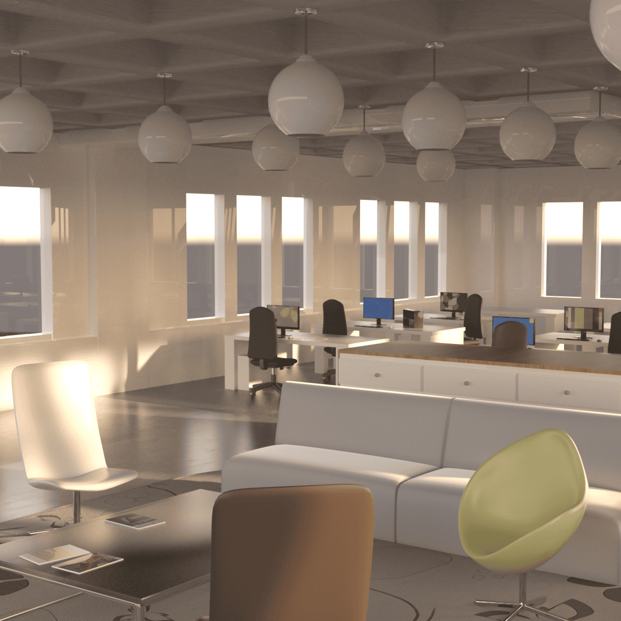 office asset showing chairs, tables, computers and other furnitures