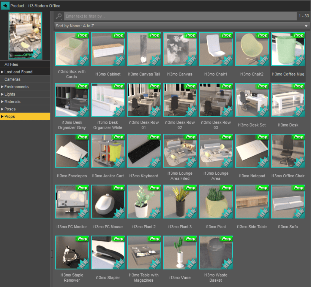 overview of all office props that come with this 3d model