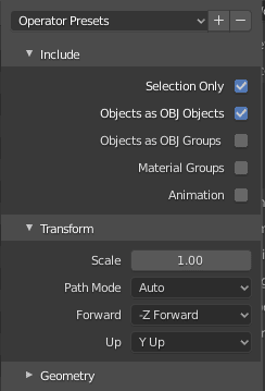 option settings obj export file blender