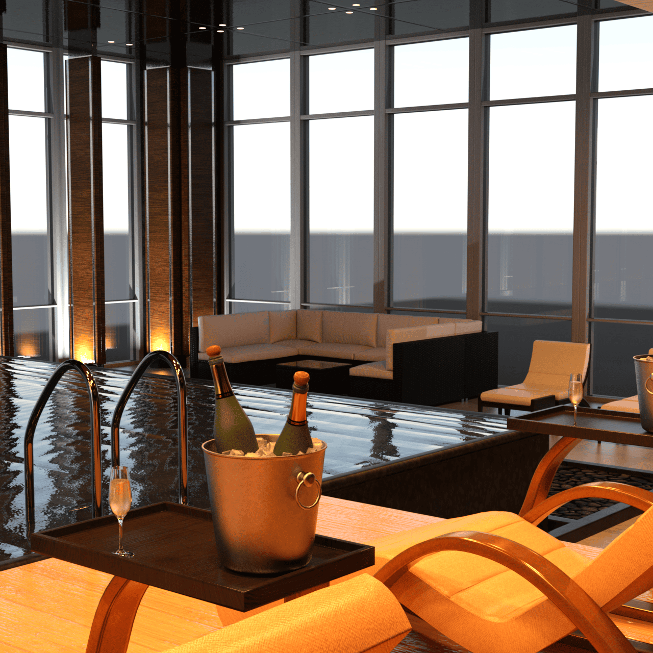 champagne props in front of the hotel indoor pool 3d model
