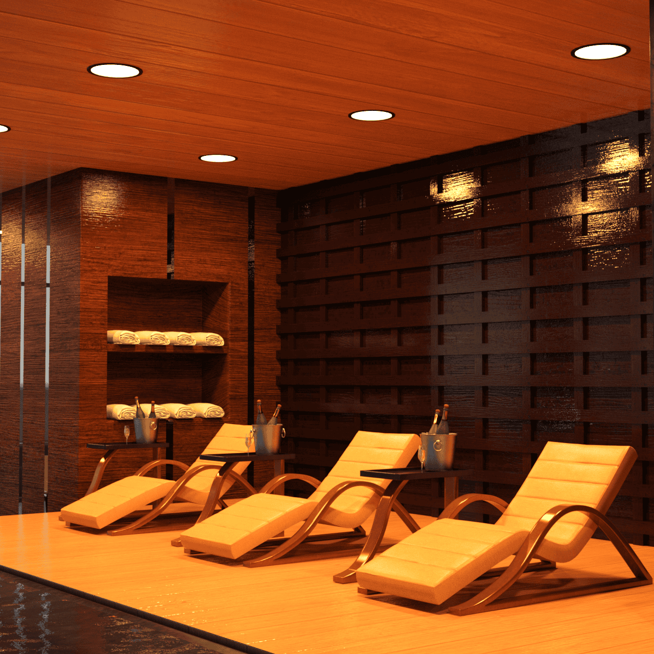 3d model of deckchairs and champagne bottles