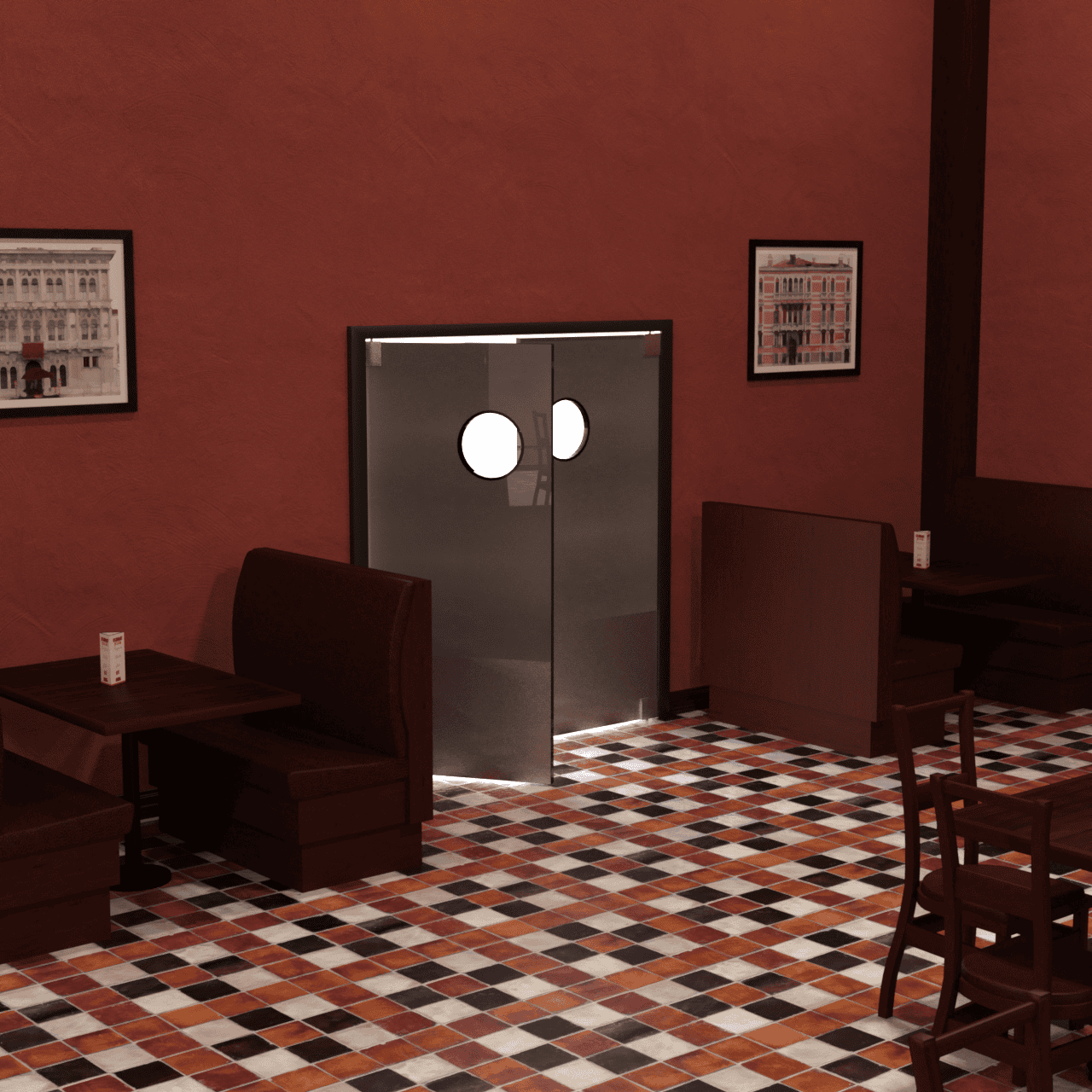 Rendered exit doors of the restaurant model