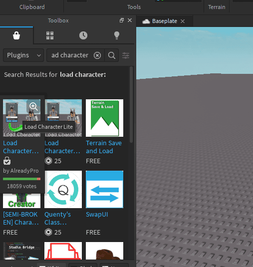roblox studio app plugin pane load character install