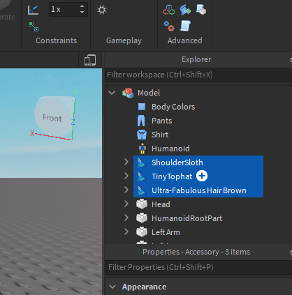 roblox studio app scene explorer object selection export