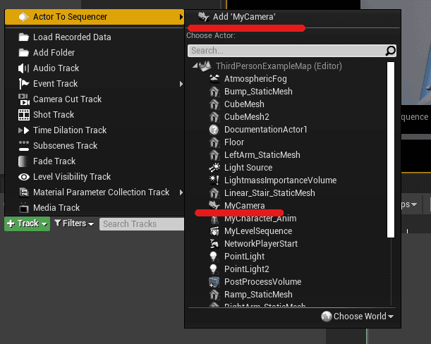 sequencer window add my camera