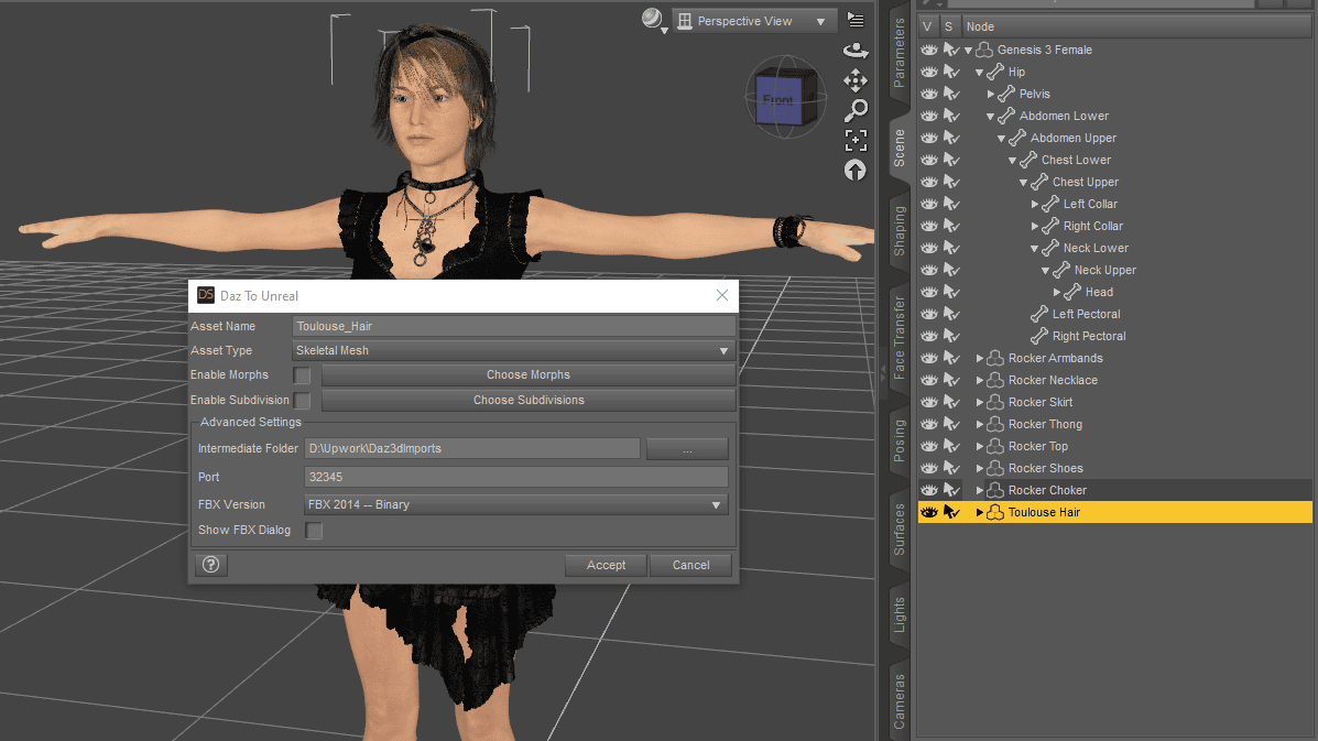 single prop selected and export window