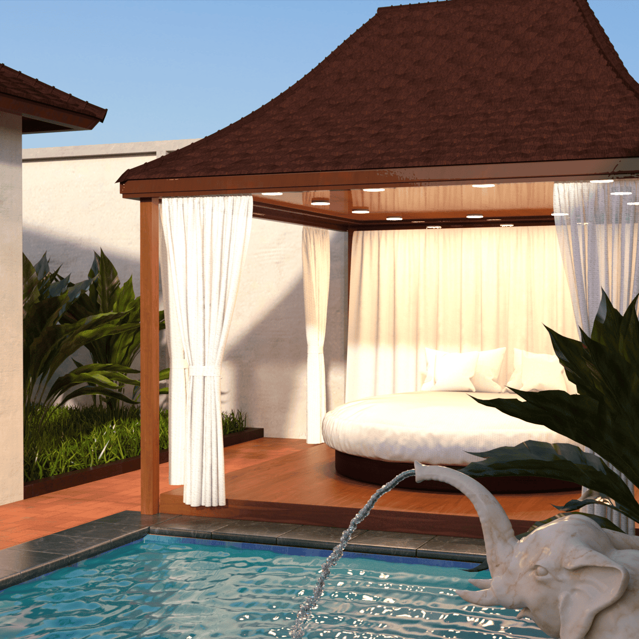 Close up showing fountain, swimming pool 3d model and open bedroom