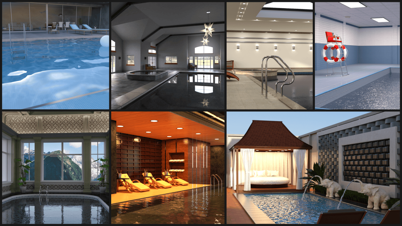 3d models of 7 different swimming pools