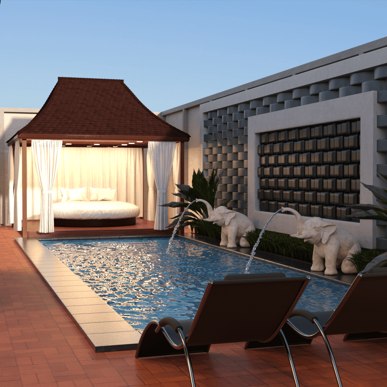 One of the top swimming pool 3d models, a villa with pool and beautiful 3d props as decoration