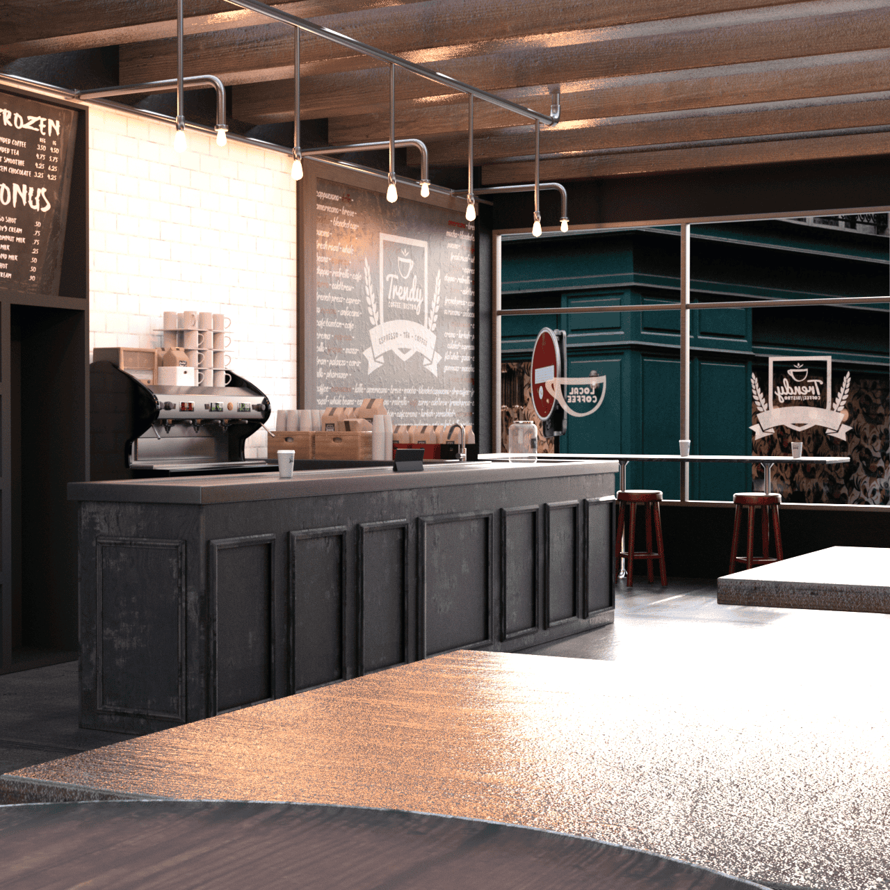Rendered image of a trendy coffee shop 3d model.