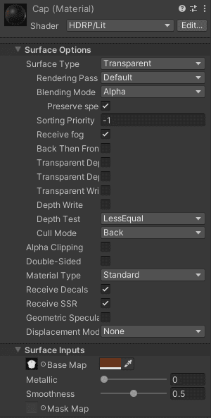 unity inspector panel cap material