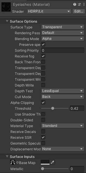 unity material parameters eyelashes
