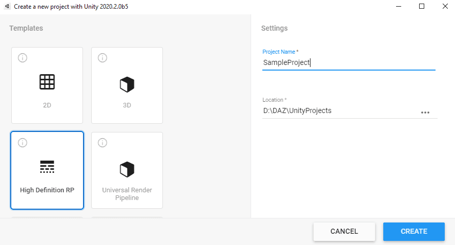 unity software create new project High Definition RP