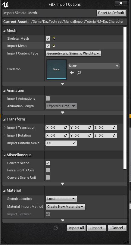 unreal engine fbx import option