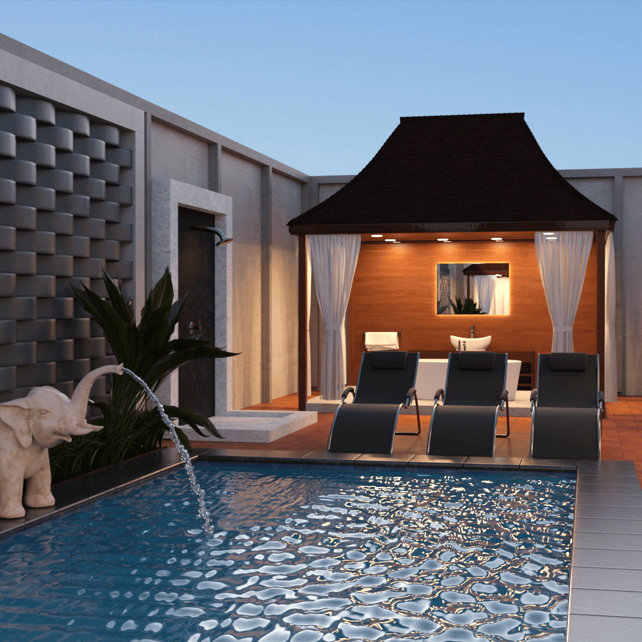 Another rendering of the pool, fountain and deckchairs