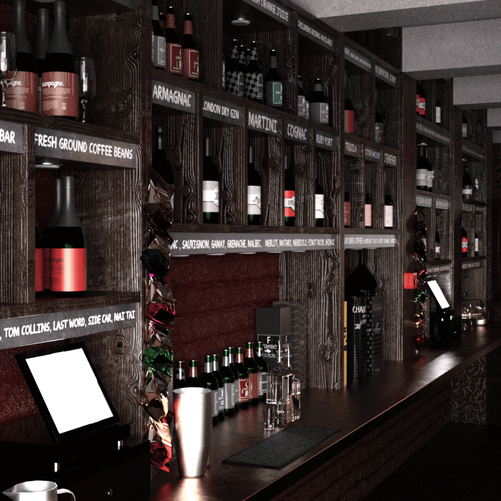 Close up of all kind of bottles behind the counter of the vintage bar 3d model