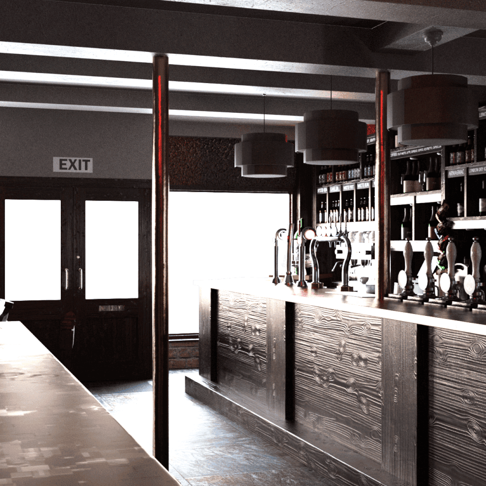 Exit door next to the bar counter