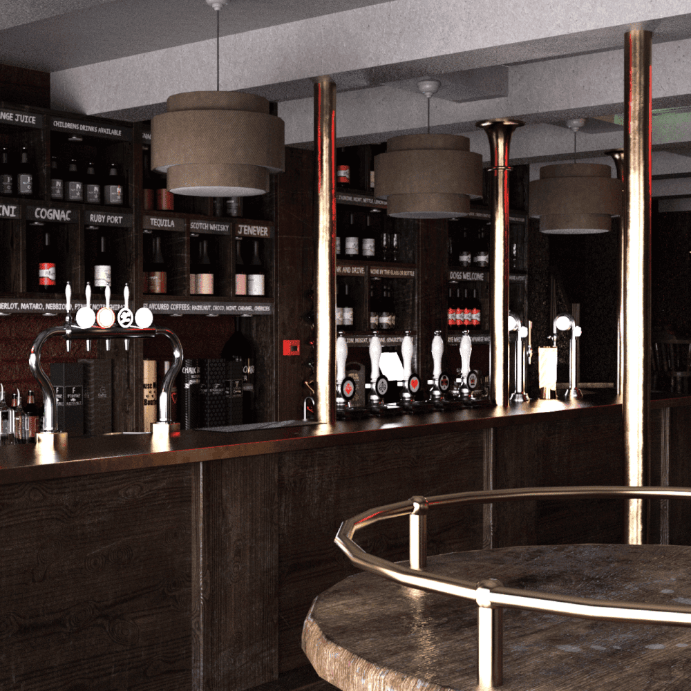 Vintage bar 3d model showing a table and in the background the bar counter
