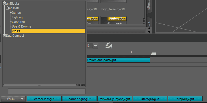 selecting a walk animation in daz studio